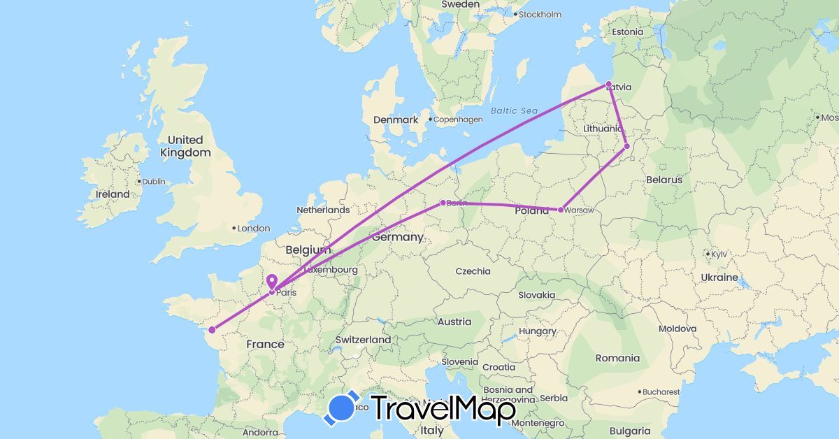 TravelMap itinerary: driving, train in Germany, France, Lithuania, Latvia, Poland (Europe)